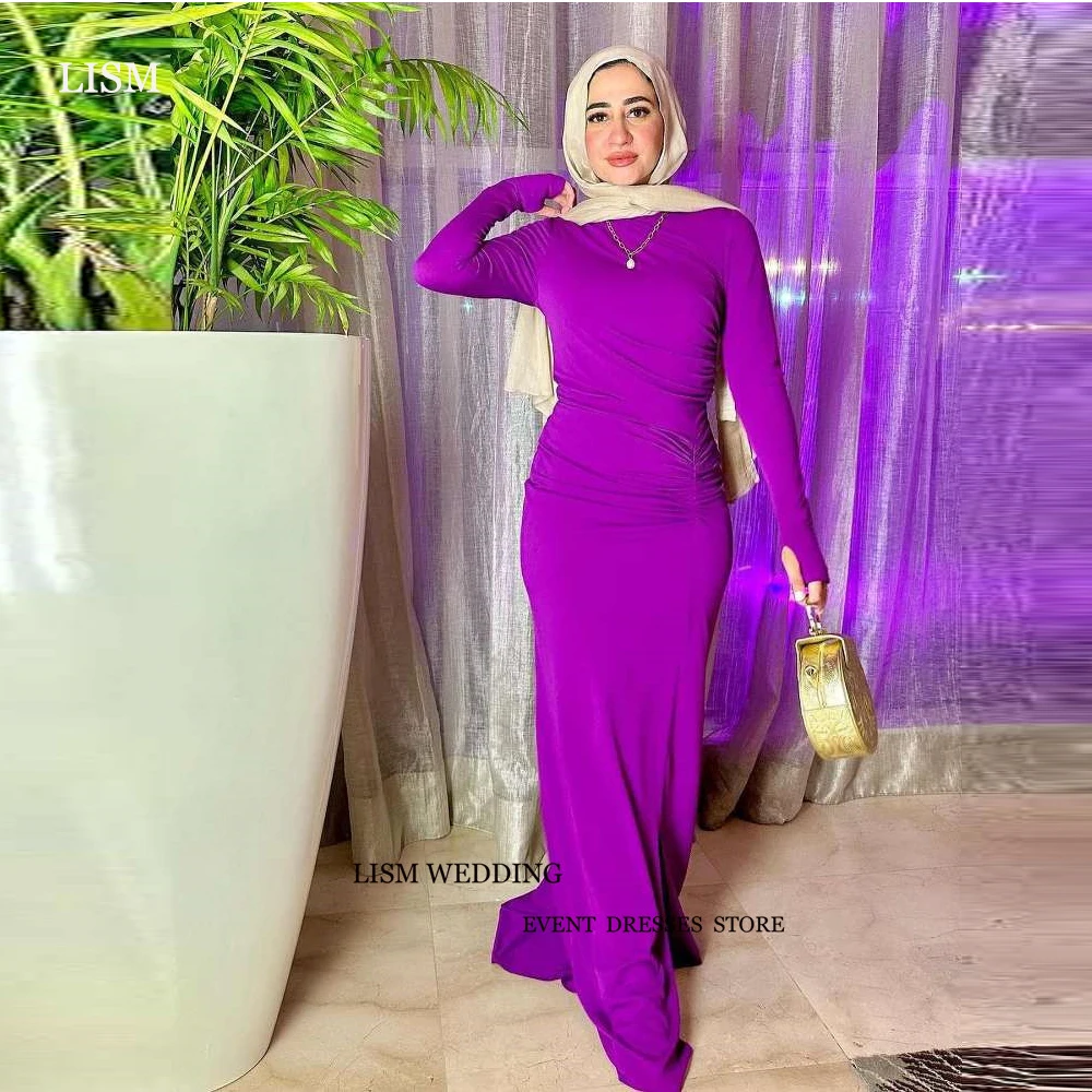 

LISM Modest Dubai Arabic Muslim Purple Evening Dresses Mermaid High Neck Long Sleeves Simple Formal Occasion Party Dress