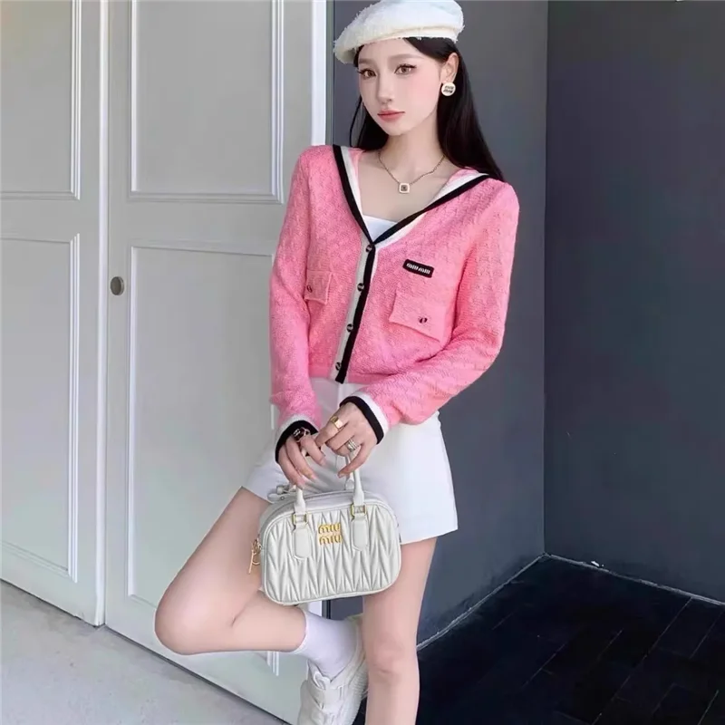 Autumn Winter Women's Sweater Knitwear 2024 New Fashion Loose Casual Tops Cardigan Navy Collar V-Neck Pink Outerwear Female