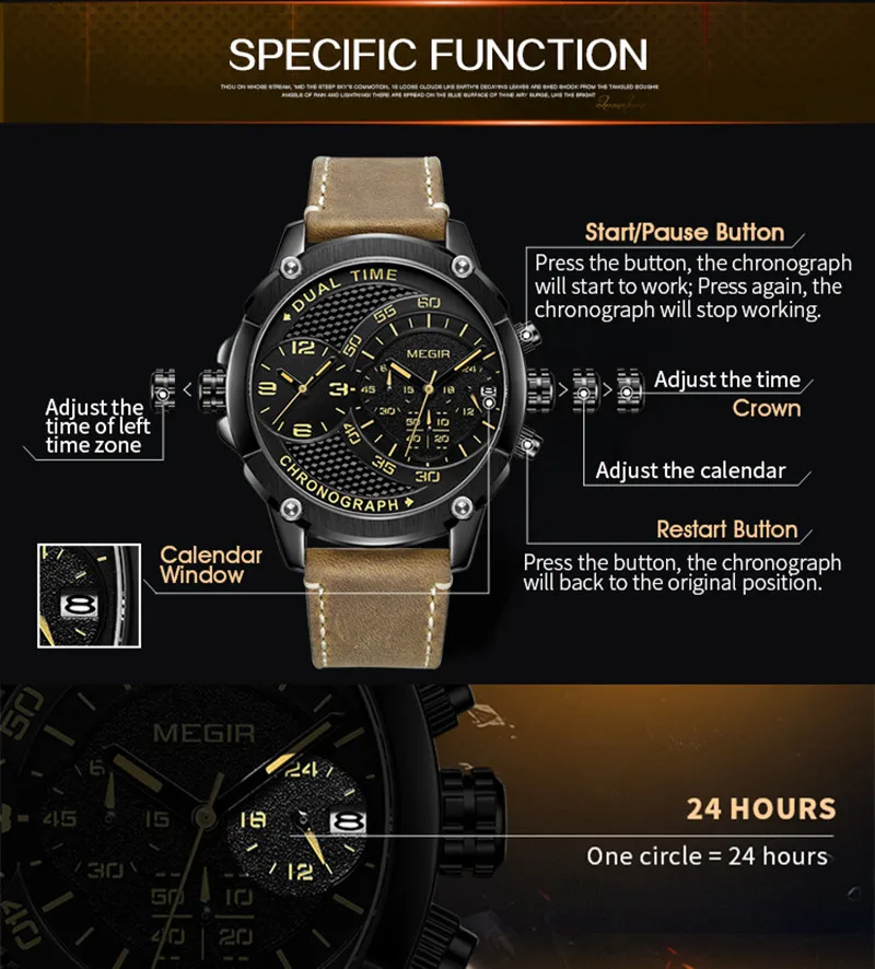MEGIR Men\'s Casual Chronograph Luxury Leather Strap Quartz Sport Wristwatch Clock Waterproof Man Business Watches Reloj Hombre