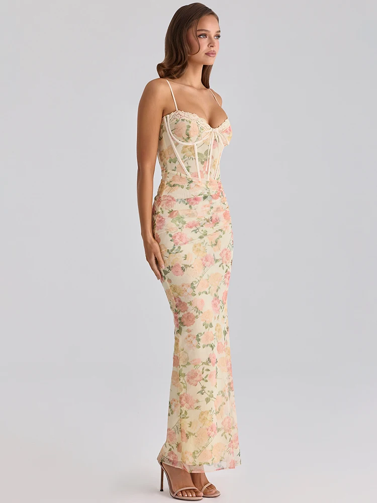 Mozision Spaghetti Strap Backless Print Sexy Maxi Dress Women Elegant Patchwork Sleeveless Bodycon Floral Print Club Party Dress