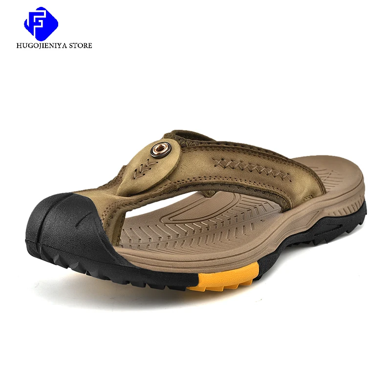 

2023 Leather Men Flip Flops Summer Outdoor Men Slippers Classic Rubber Roman Sandals Wading Trekking Sneaker Sandals Big Size