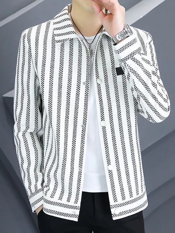 

Новая мужская повседневная куртка в полоску 2025 года, весенне-осеннее модное короткое пальто с отложным воротником, рабочая одежда из полиэфирного волокна, приталенный крой