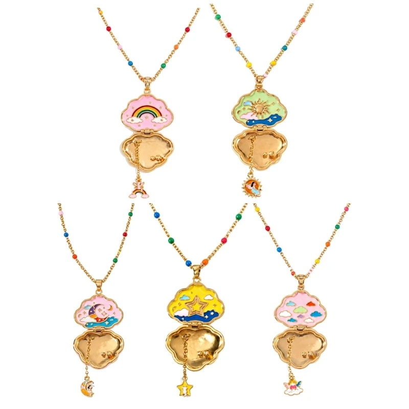 T4MD Gold-Tone Beaded Chain Necklace with Copper Cloud Pendant, Opening Locket and Suspended Center Piece, 17.7 in Extension