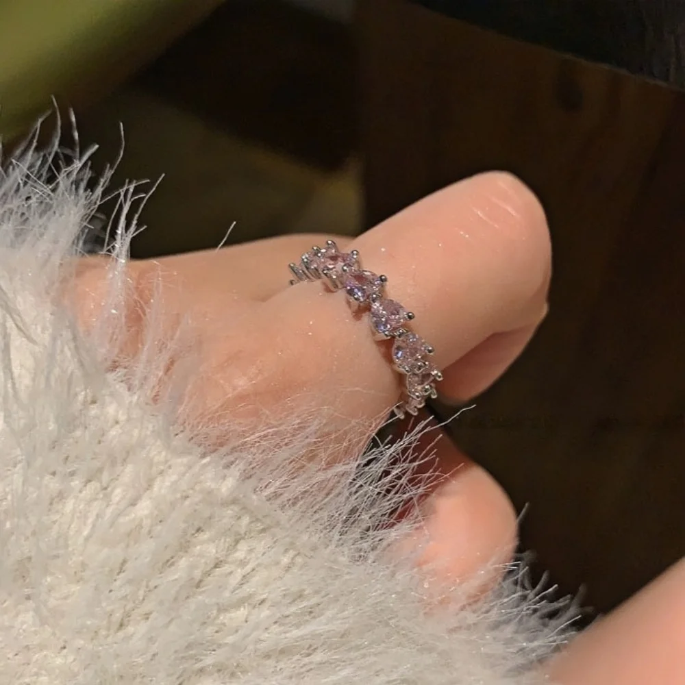 Französischer Retro-Ring mit rosa Imitationskristallen und Zirkonia, silberfarbenes Herz, verstellbarer Damenring, trendiger Schmuck, Accessoires – Detail 5