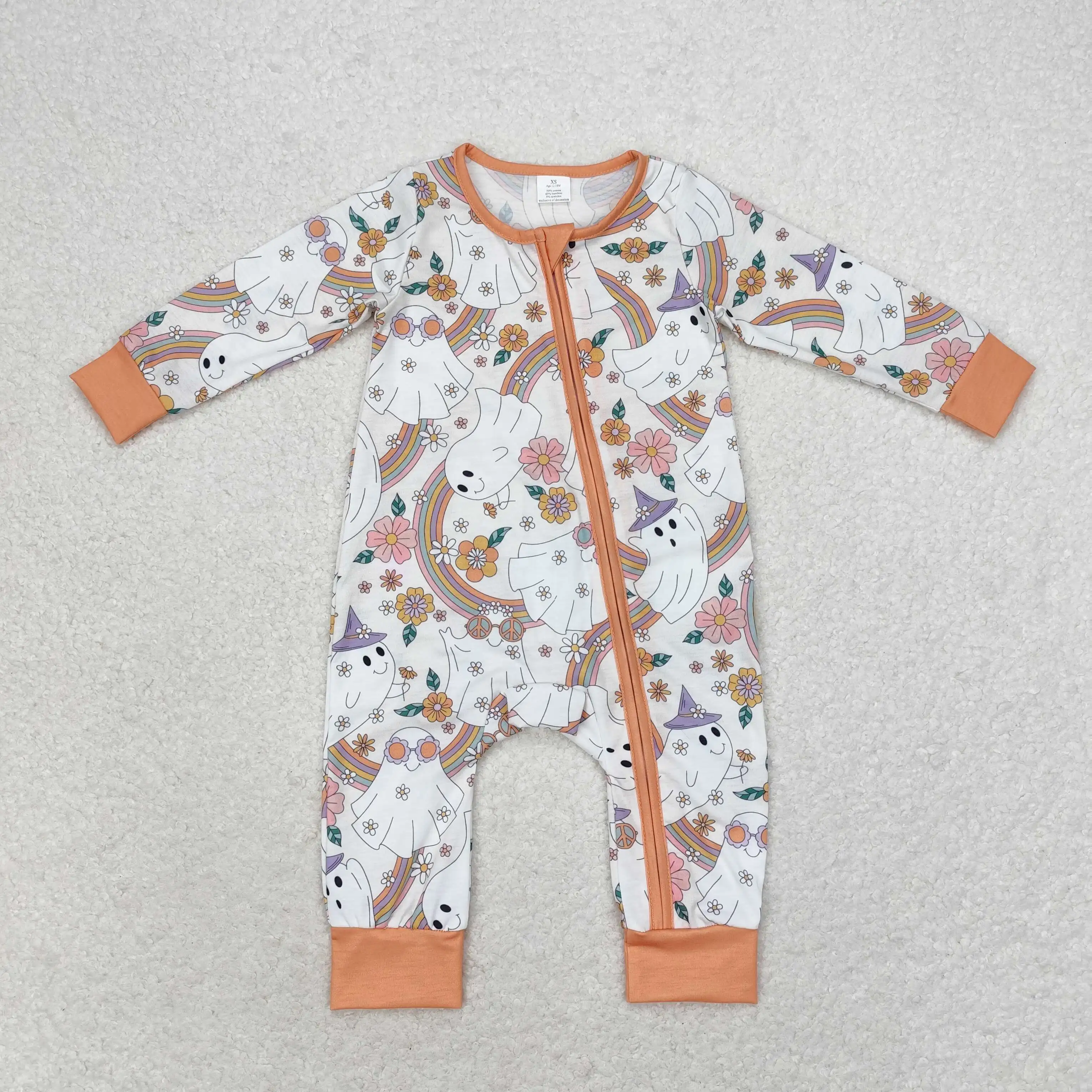 

LR0980 Wholesale baby boy clothes bamboo Rainbow Floral Orange Zipper Long Sleeve Bodysuit Summer Boutique Kids Jumpsuit