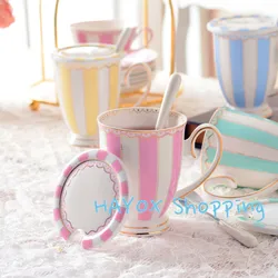 Phnom Penh Bone Porcelain Coffee Cup,Ceramic Mug with Lid Spoon Household Kitchen Afternoon Tea Cup,retro Simple Garden Mug