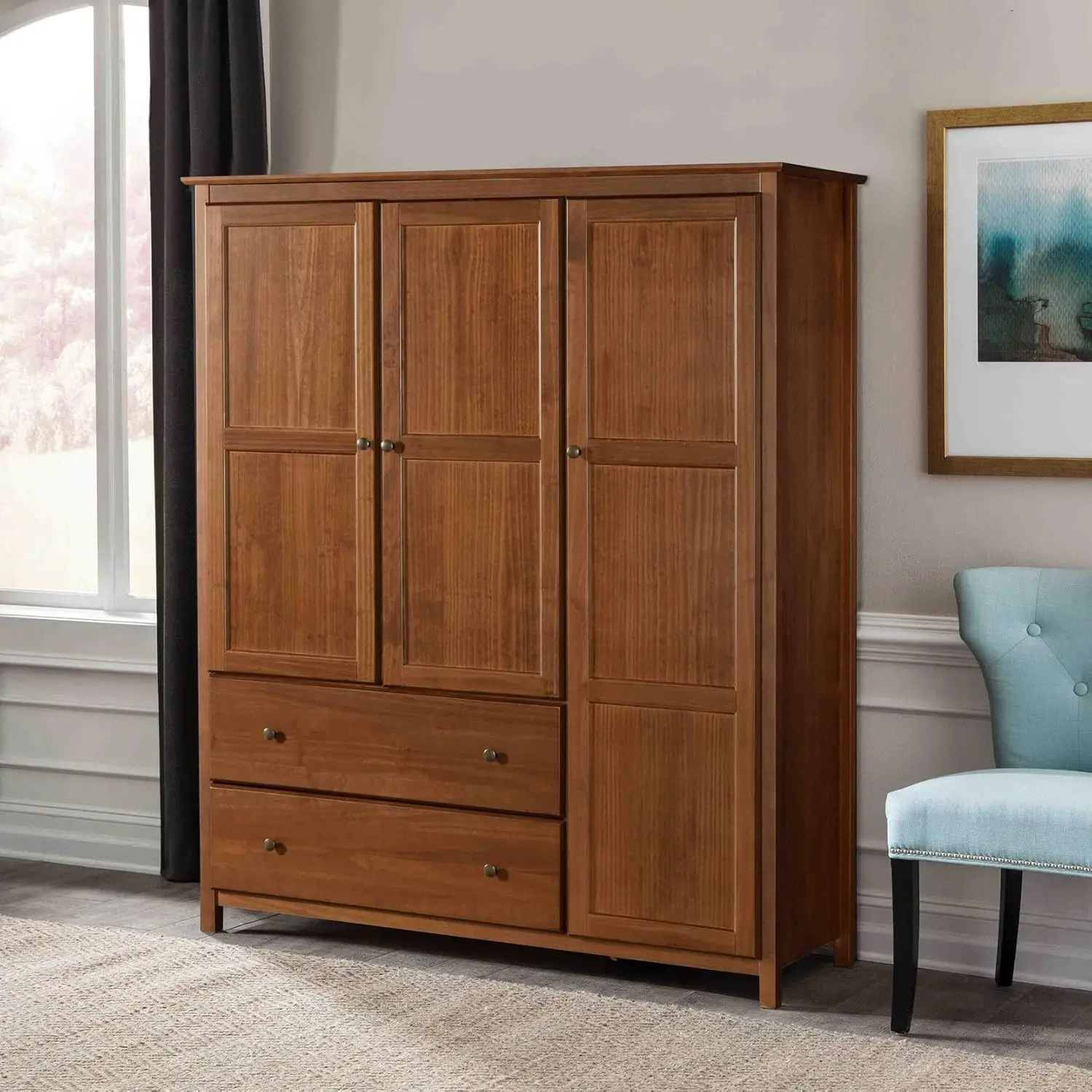 3 Door Wardrobe Solid Wood with A Walnut Finish Made of Solid Wood Using Blockboard Construction Metal Glides