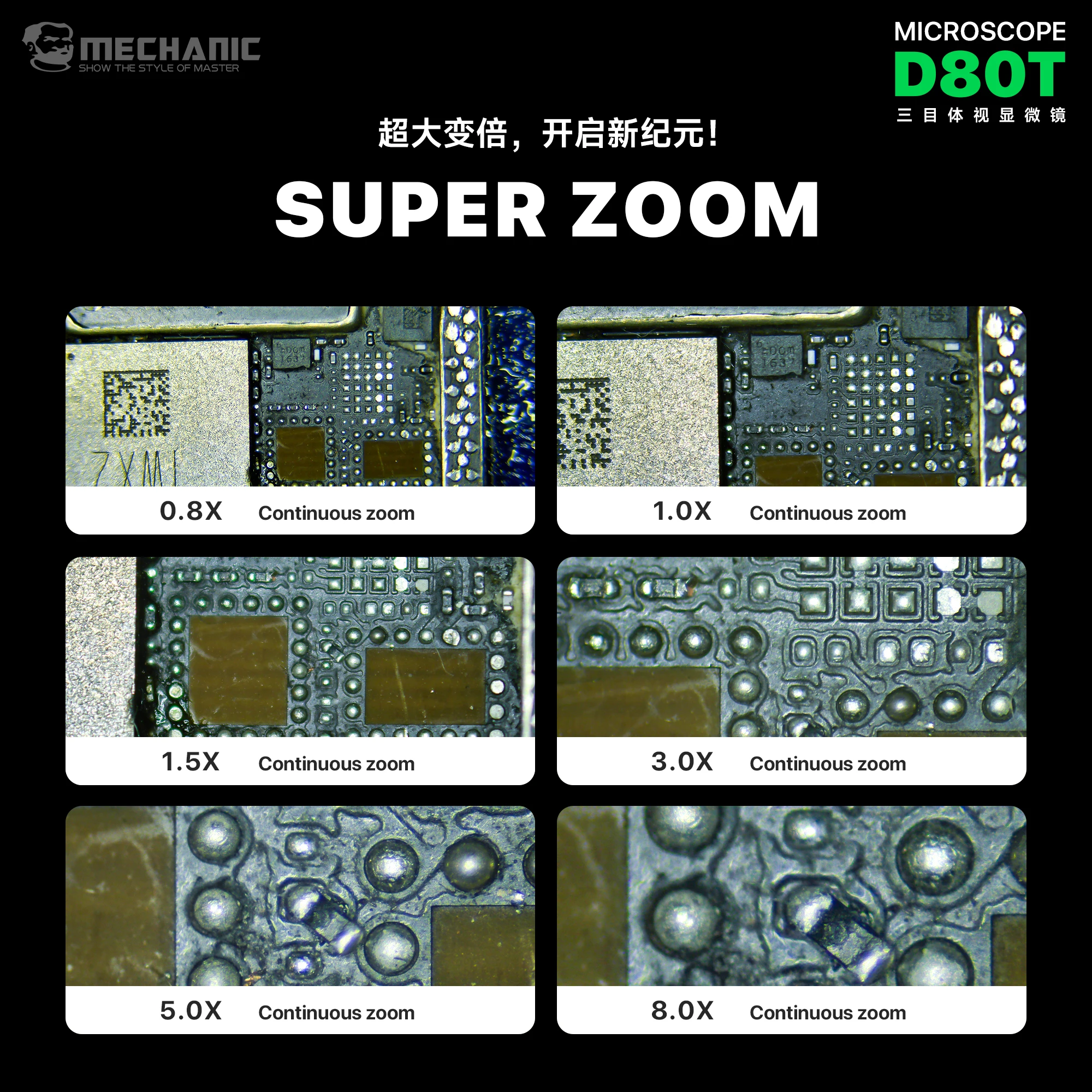 MECHANIC D80T-B5 Trinocular Stereo Microscope 8X-80X Zoom PL10X27 Wide Field Eyepiece 0.5X CTV Adapter for Phone PCB IC Repair