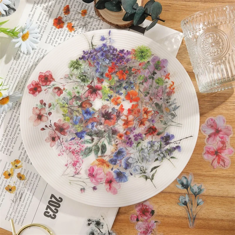 50PCS Colorful Flower PET Sticky Sticker Aesthetic Korean Stationery DIY Transparent Decoration Scrapbooking School Supplies