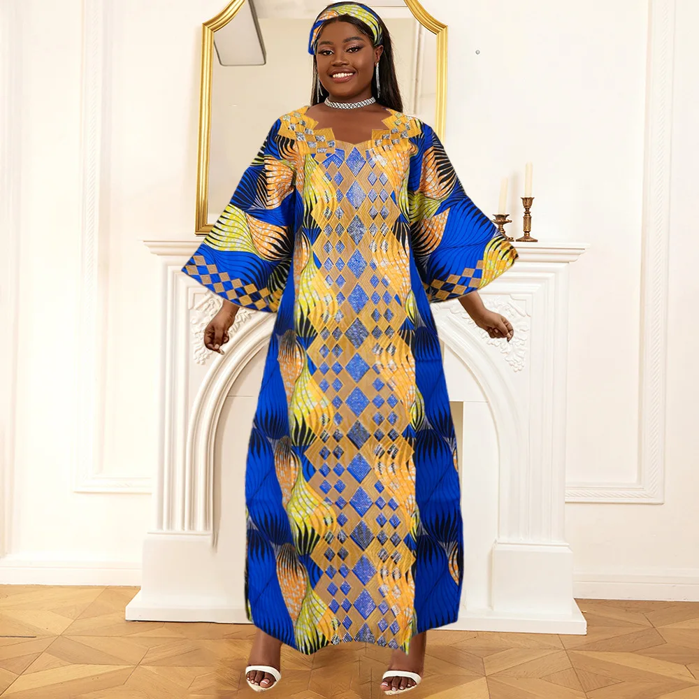 African Clothes for Women 2024 New Plus Size Dashiki Ankara Embroidery Bazin Riche Design Wedding Party Dresses with Headscarf