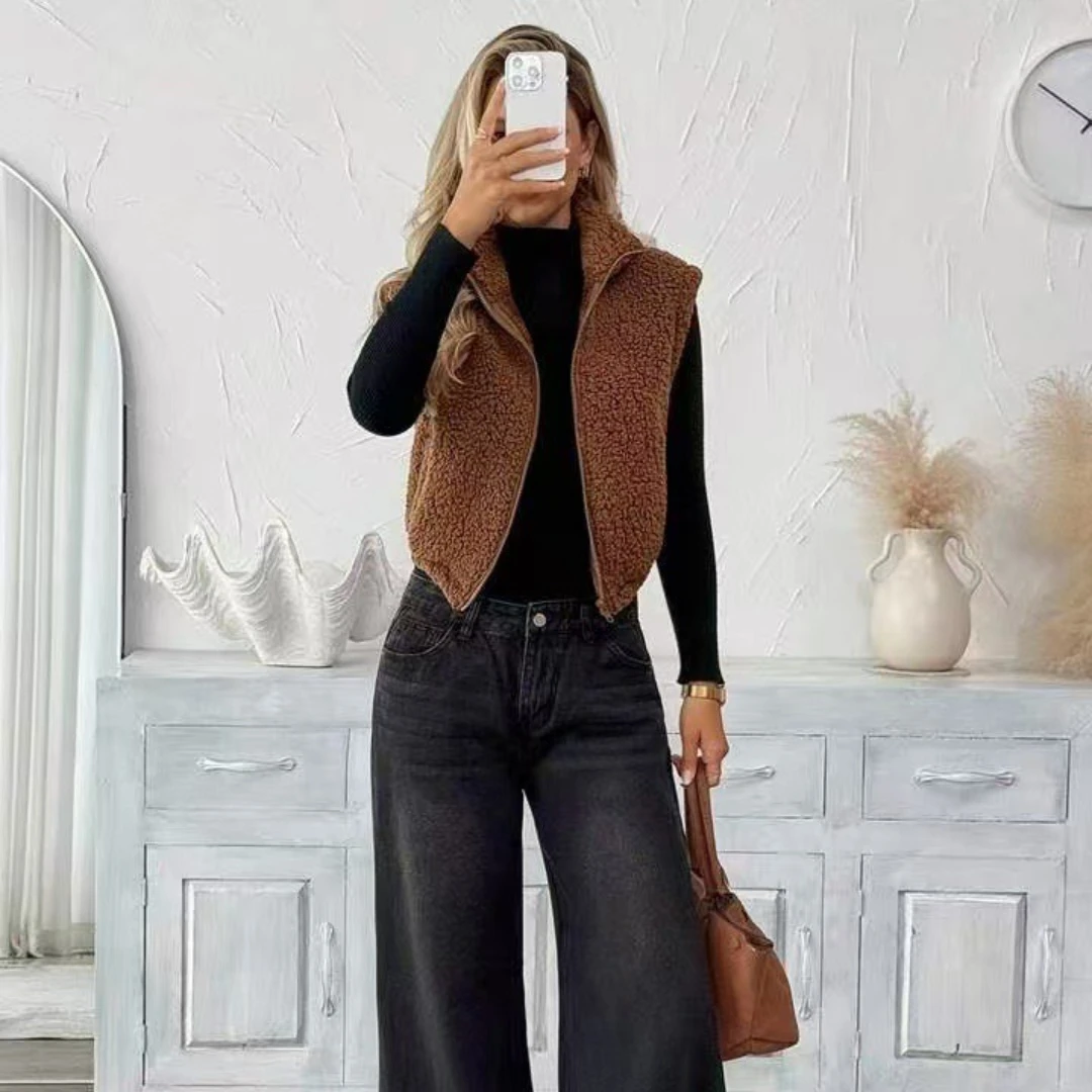 Warm Fleece Vest Ladies Stand Collar Zip Up Sleeveless Pocket Camel Cropped Loose Soft Elegant Casual Streetwear Fashion Vest