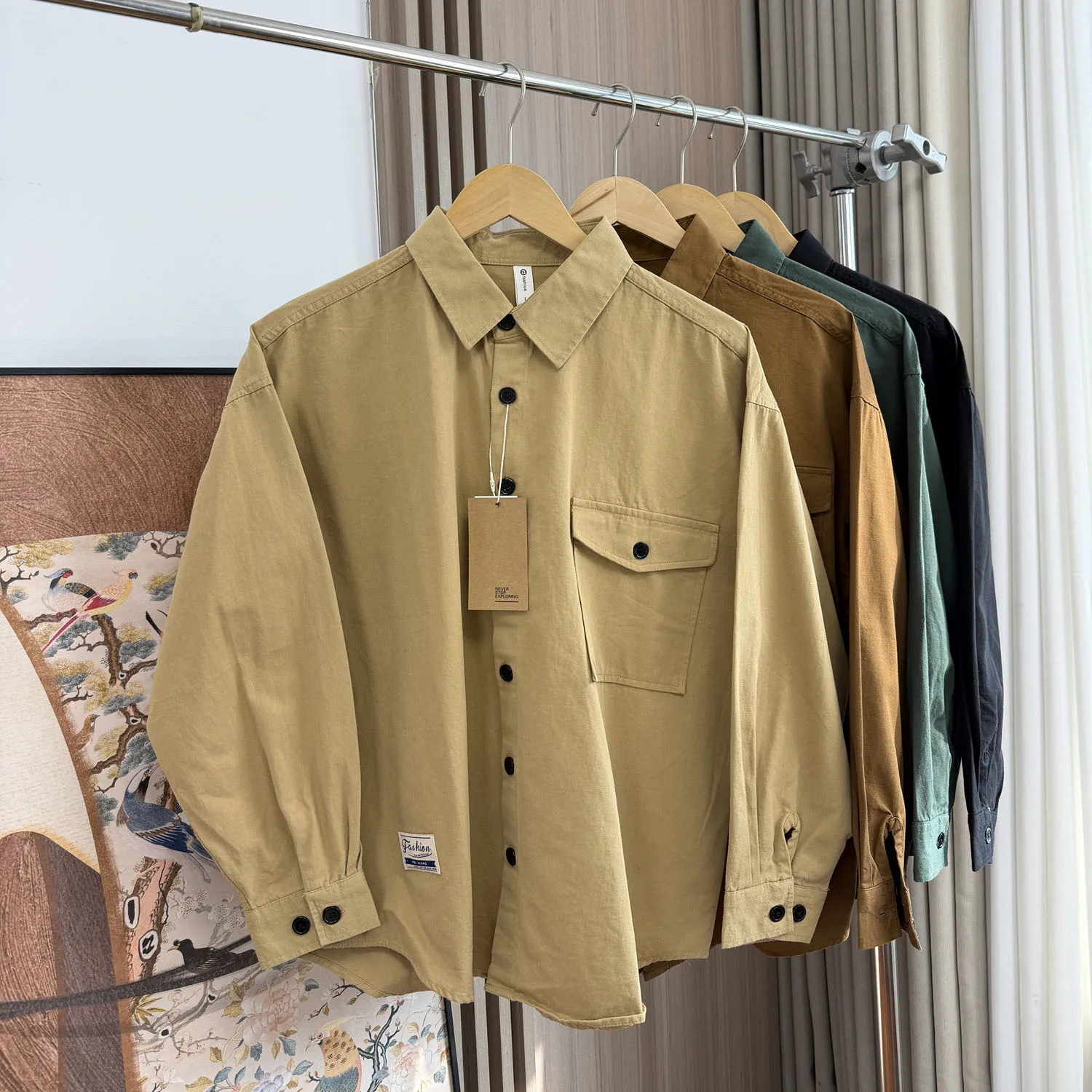 

Men's Washed 100% Cotton Shirt Spring Autumn American Casual Retro Workwear Style Lapel Single Breasted Long Sleeved Shirts