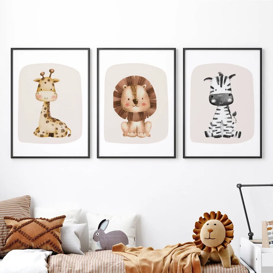 Giraffe Zebra Lion Posters Prints Canvas Painting Cartoon Watercolor Animals Nursery Wall Art Baby kids Bedroom Home Decoration