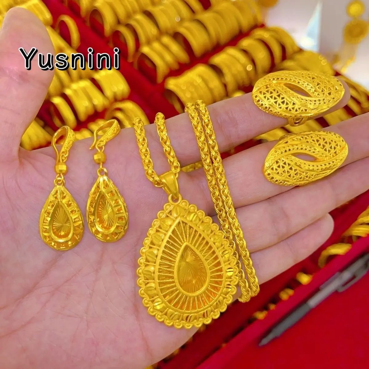 

New UK 24K Gold Plated Necklace Earrings Rings Wedding High End Jewelry Set as a Gift for Women YY10859