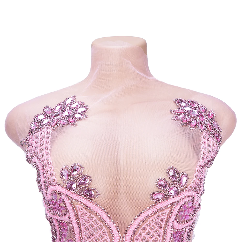 XFX VENUS 1 PCS Pink  Embroidery Appliques Bodice Sew on Rhinestones Sequins Beads Patches Designer Appliques for Wedding Dress