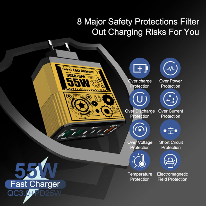 6in1 55W GaN Fast Charger 3USB 3PD Stable Quick Charging Intelligent IC Solution Automatic Power-off Protection For Multi Phones