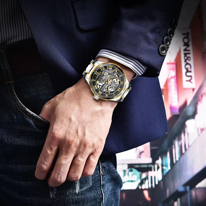 FeelNever Original Design Luxury Automatic Man Watch Hollow Out Business Stainless Steel Band Waterproof Mechanical Watches Male view 6