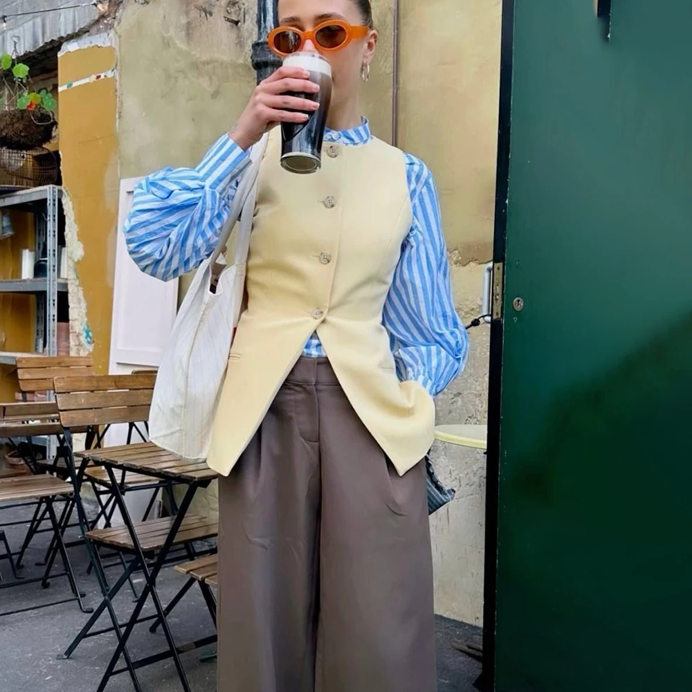 Slim Fit Women's Spring Layering Suit Two Pieces Pant Sets Round Neck Single Breasted Sleeveless Blazer Elegant Chic Daily Wear