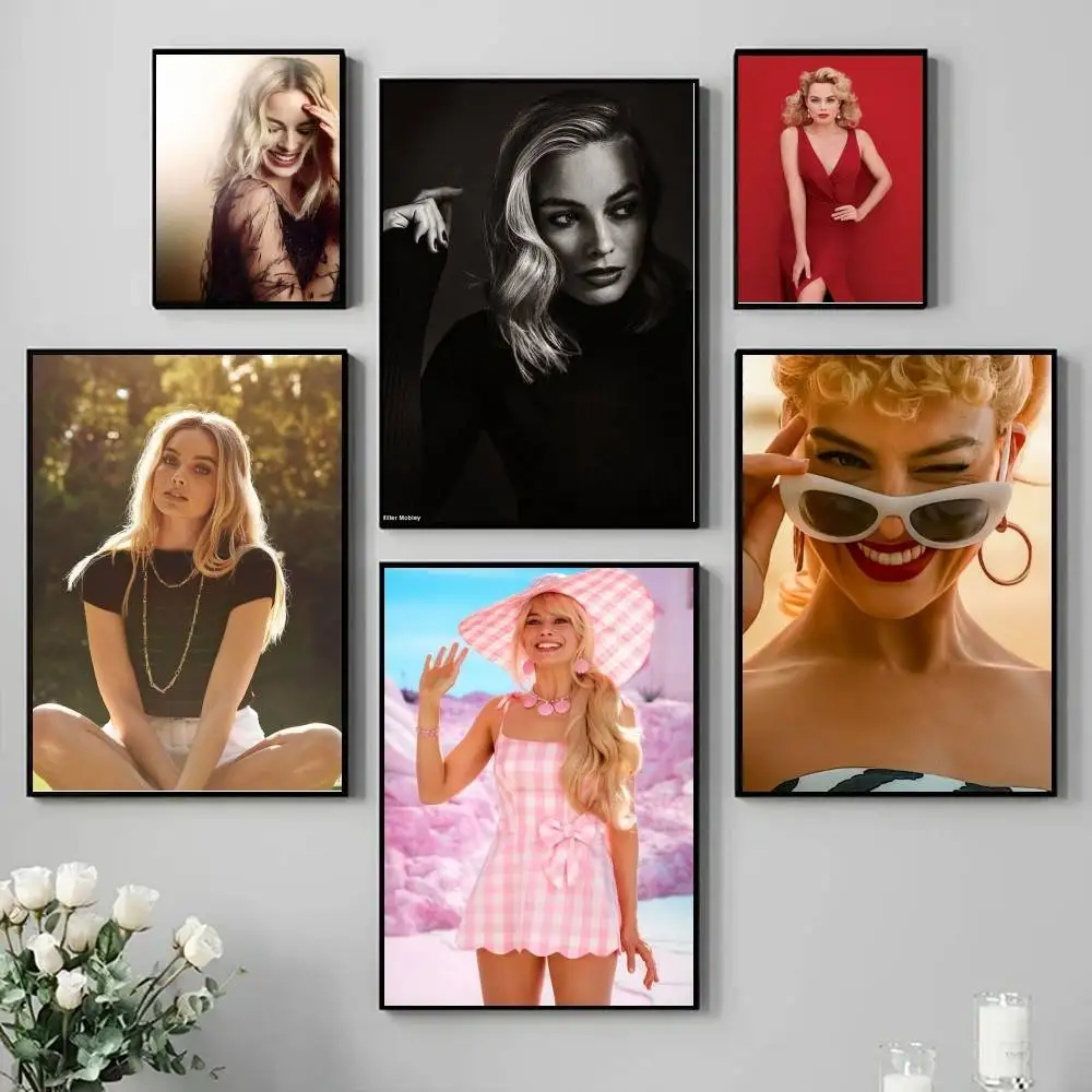 Actress M-Margot R-Robbie Poster, selbstklebender, wasserfester Kunstdruckaufkleber aus Papier, Kaffeehaus, Bar, Zimmer, Wanddekoration