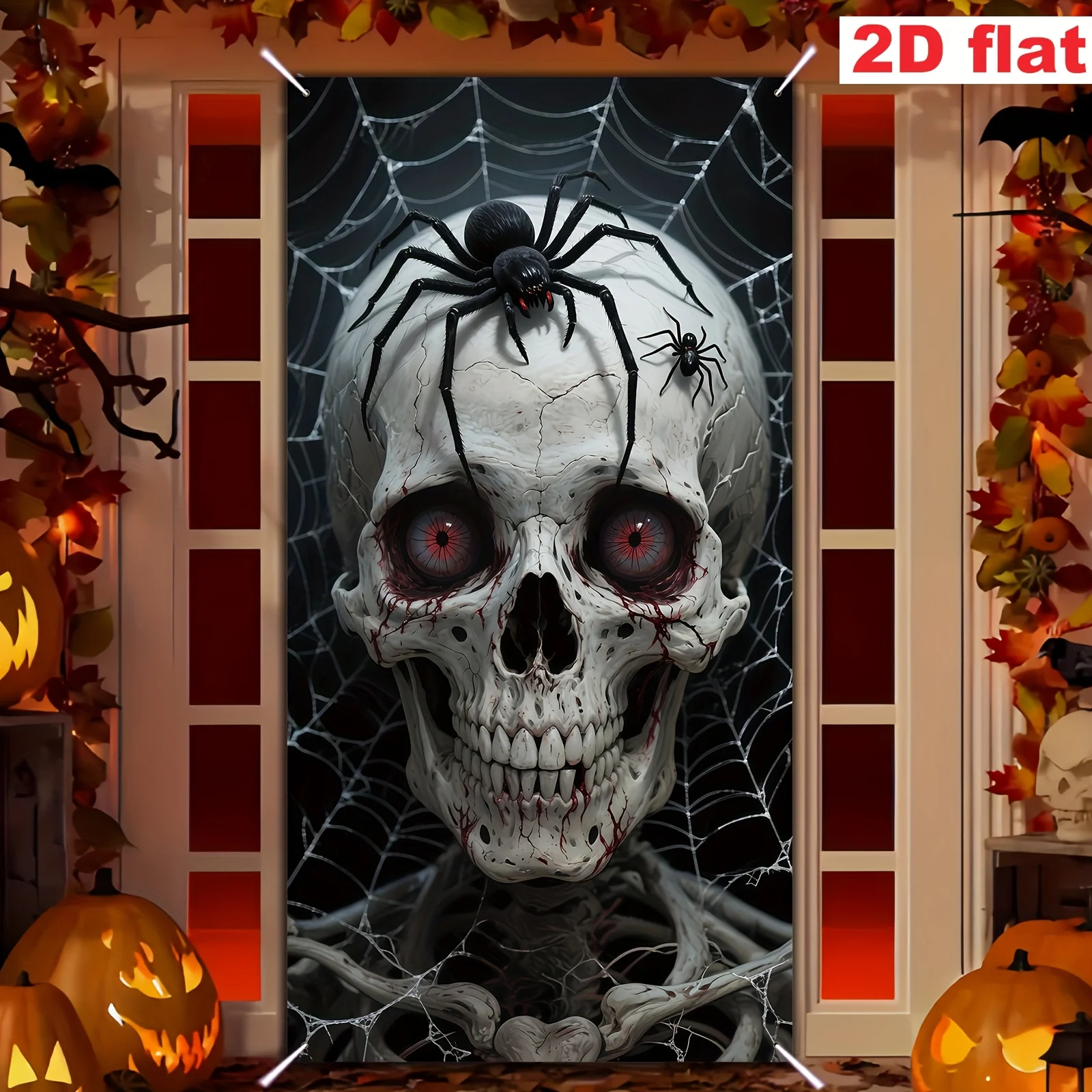 Flaches 2D-Partybanner, 1-teilig, Polyester – eine erschreckende Halloween-Türdekoration, entworfen mit einem riesigen Totenkopf und einer Spinne