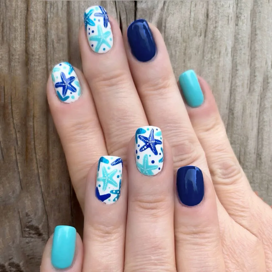 

24Pcs Summer Beach Blue Starfish Design Fake Nail Wearable Artificial Press on False Nails Full Cover Short Square Manicure Tips
