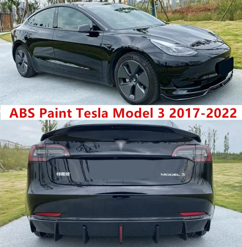 ABS Black Carbon Front Bumper Lip+Rear Spoiler+Trunk Diffuser Cover+Side Body Skirt For Tesla Model 3 2017 2018 2019 2021 2022