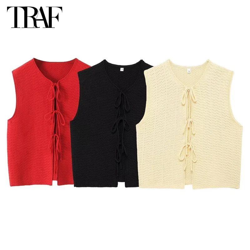 TRAF Cropped Sleeveless Vests for Women Red Bow Knit Vest Woman Black Summer Vest Top Women 2024 Holiday Casual Kamizelka damska