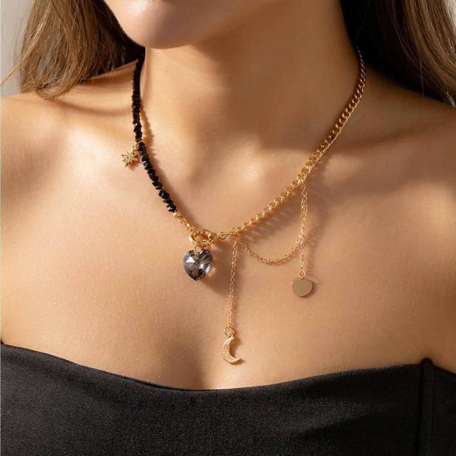 

Ожерелье из бусин CCB неправильной формы, винтажное, с подвесками в виде сердца, звезды, кристаллов и кисточек, с дизайнерской цепочкой, трансграничные украшения