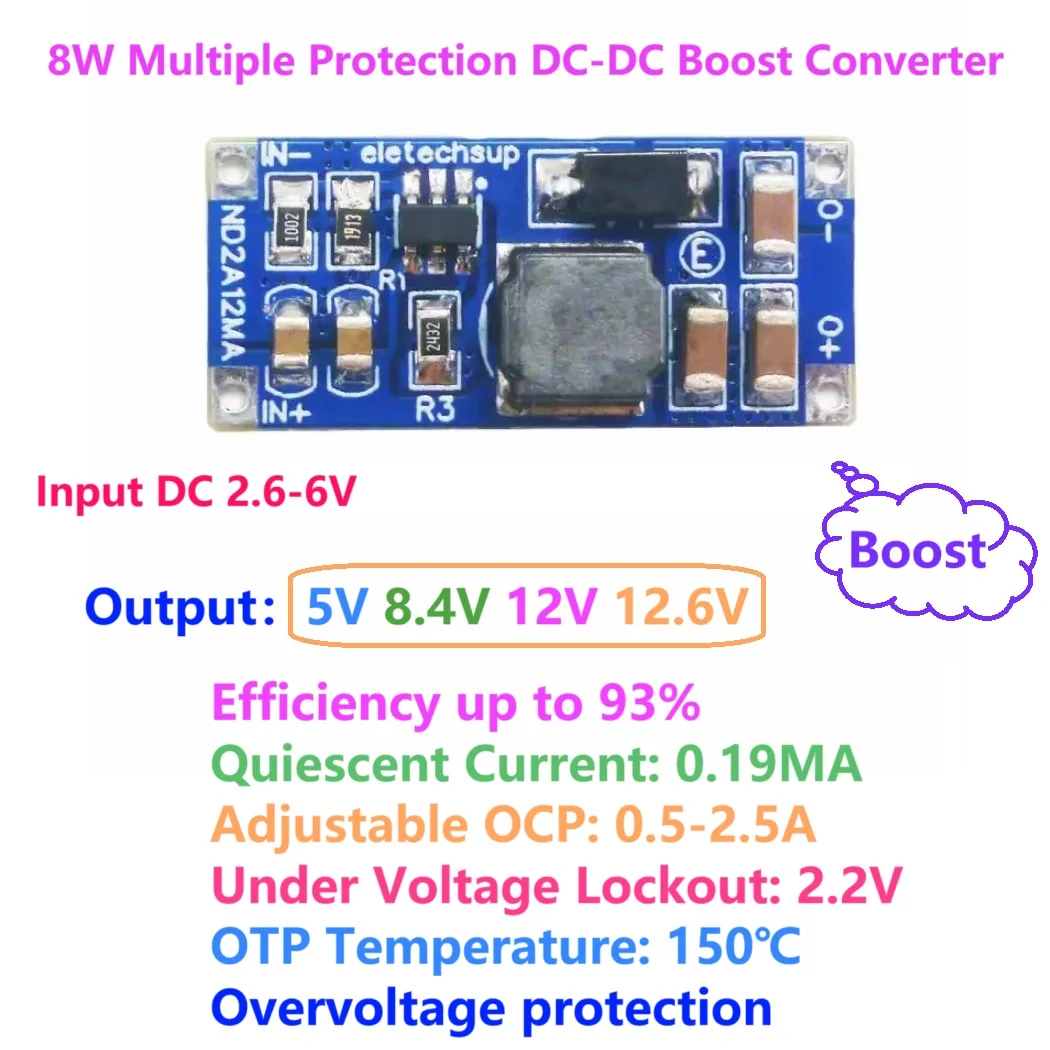 

8W UVL OTP OVP SCP 2.6-6V to 5V 8.4V 12V 12.6V DC-DC Boost Step-up Converter Current Limit Program 0.5-2.5A Board LED Lion Lipo