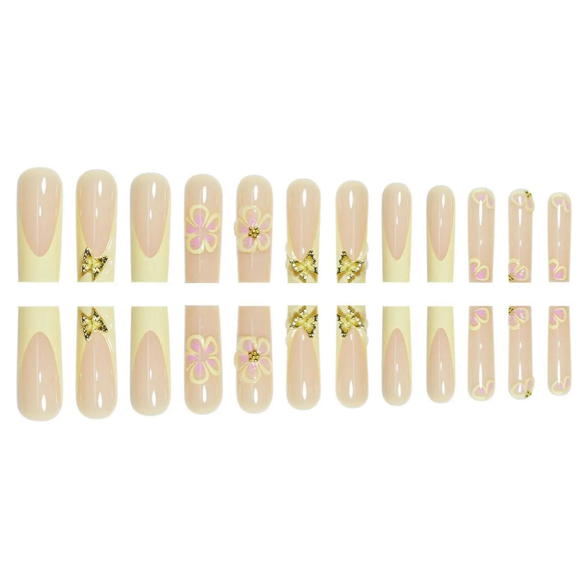 24 قطعة نعش طويل طازج الأظافر وهمية الأصفر النمط الفرنسي زهرة مطبوعة المعادن فراشة تصاميم اضغط على الأظافر الصيف أظافر صناعية
