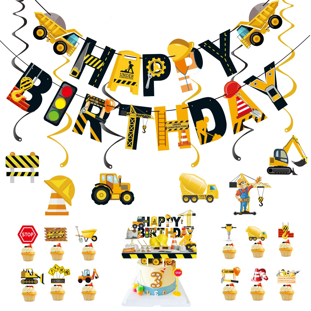 Konstruktions-Geburtstagsbanner mit Traktor- und Baufahrzeug-Muster, Girlande für Baby-Jungen, Dekoration für den 1. Geburtstag