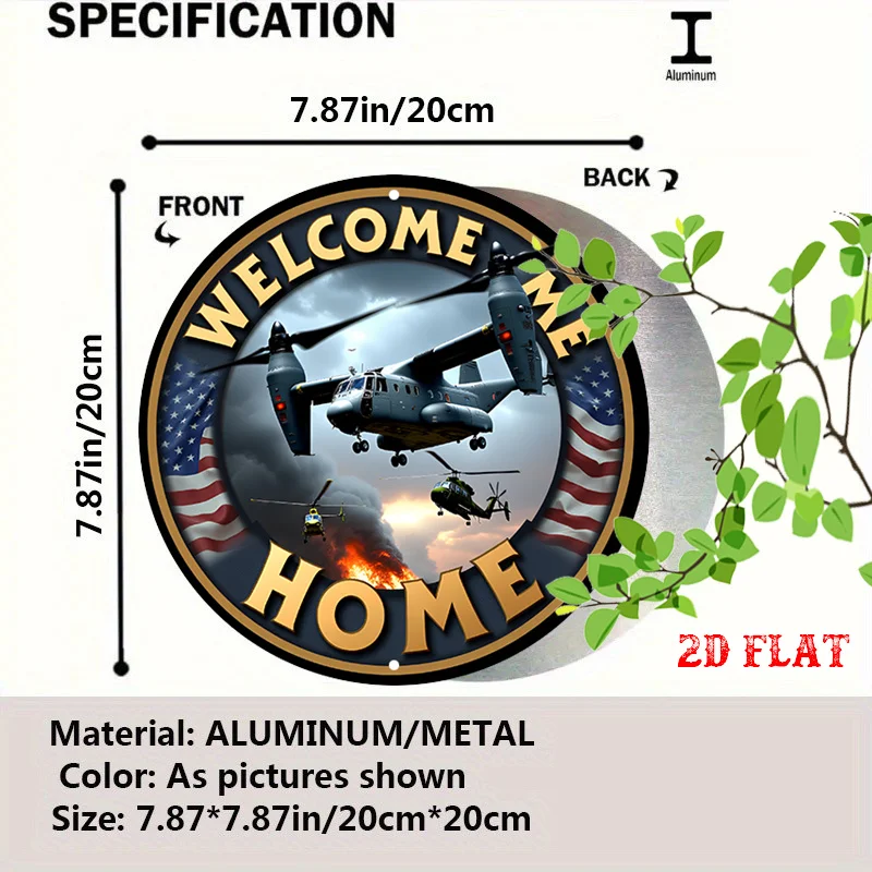 2D Flat 1pc Welcome Home Round Decor,Military Aircraft Round Plaque,Rainy Sky Holiday Decorative Plaques,American Flag