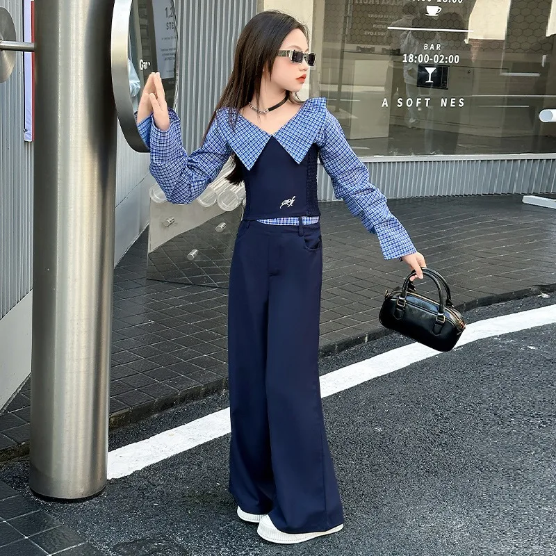 UNITIM Autumn Junior Girls 2PCS Clothes Set Plaid Spliced Children Girls Long Sleeve Shirt Suit Teens Girls Wide Leg Pant Outfit