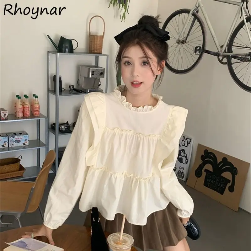 Women Blouse Patchwork Pleated Loose Female All-match Ruffled Sweet Designed Solid Short Causal Autumn Korean Chic Elegant Youth