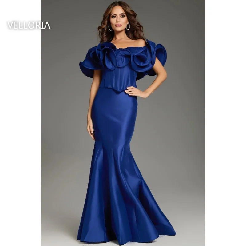 

Blue Satin Women's Evening Dress One Shoulder Mermaid Formal Occasion Dress Luxurious Ruffle Sleeves Party Gown floor Customized