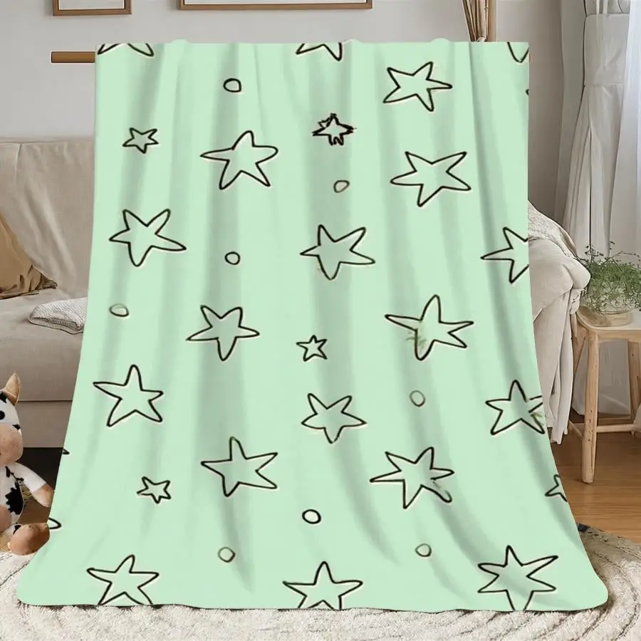 1pc Soft Mint Green Flannel Blanket with Hand-Drawn Star Pattern - Cozy All-Season Bedspread & Throw Suitable for,, Room, Holiday Gift, Contemporary Bedding for And