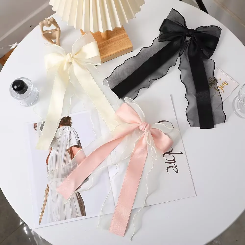 Lalasis custom satin Elegan hair bows hair clip pink green black white hair ribbon ponytail holder accessories