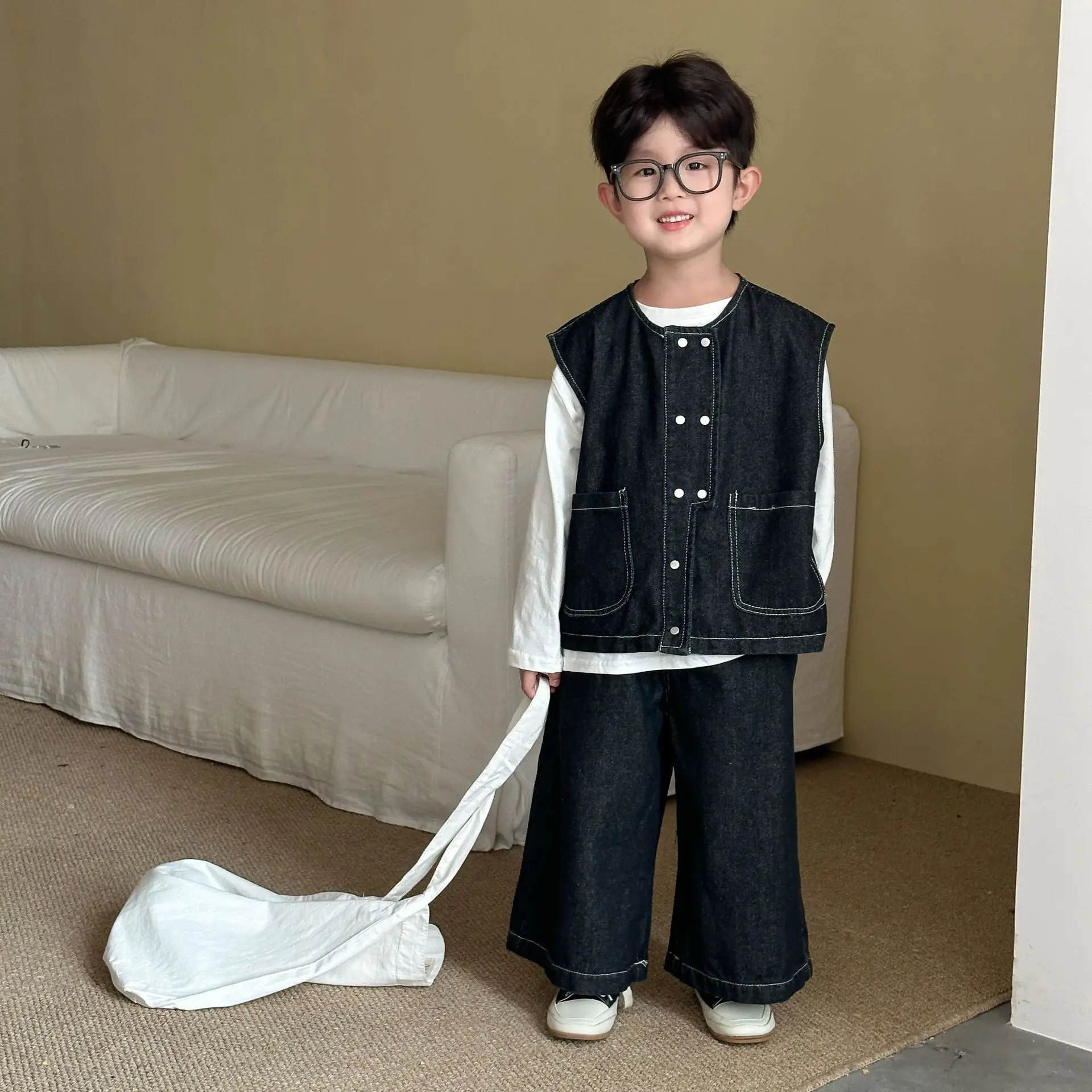 

2025 Autumn New Children Sleeveless Clothes Set Boys Denim Vest + Wide Leg Pants 2pcs Suit Solid Kids Girls Fashion Casual Set