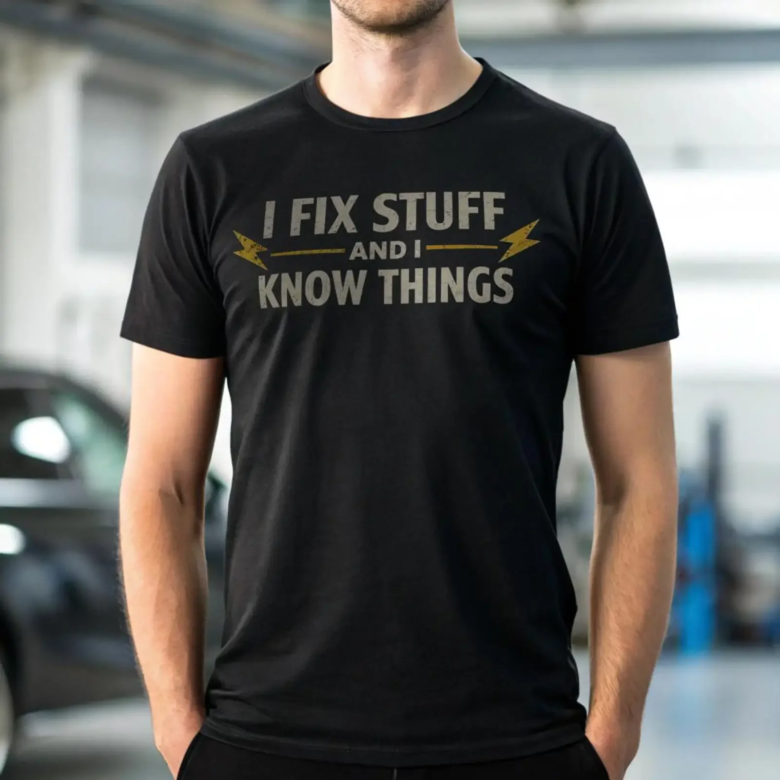 Men's I Fix Stuff And Know Things Funny T Shirt Electrician Electrical Worker Blue Collar Casual for Dad Husband vintage