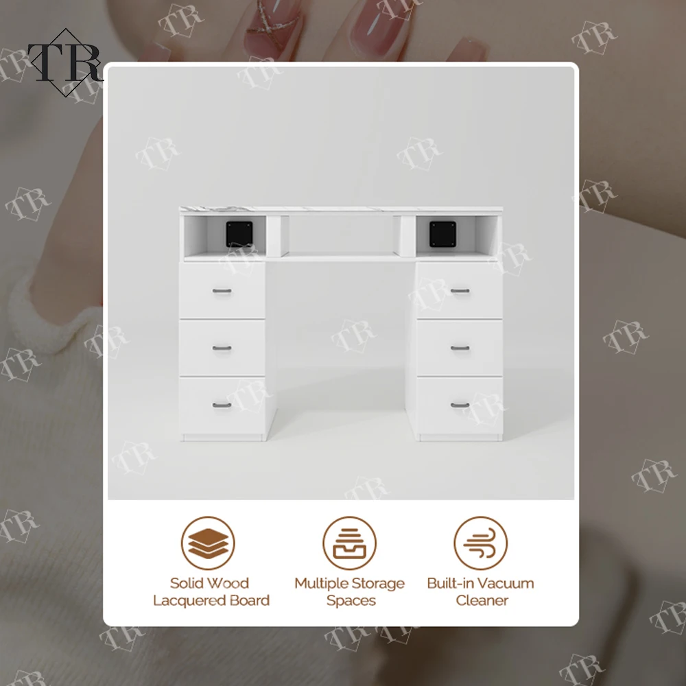 Manicure Table, Solid Wood Lacquered Board Nail Desk with Dust Collector, Salon Furniture Professional Nail Workstation 6