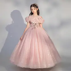 Children's Dresse Pink flower kids Lace Perspective Sexy Long Dress for wedding Ball Birthday party Girl Bridesmaid Dress robe