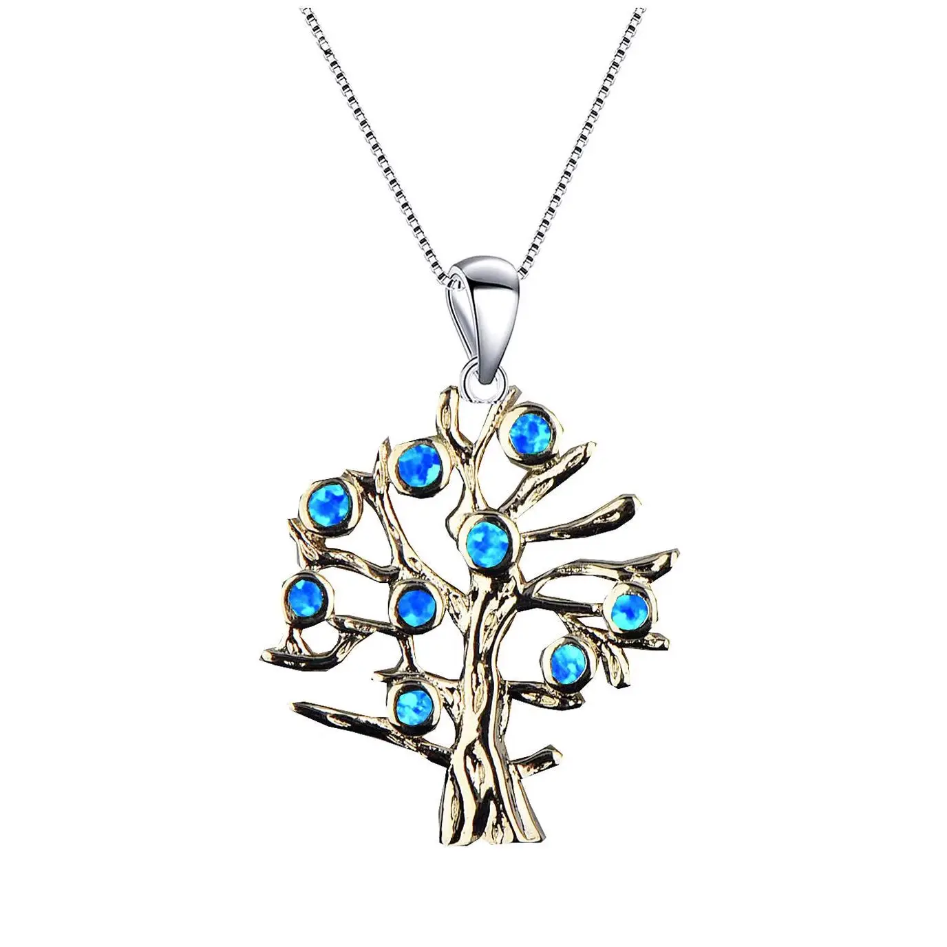 Tree of Life Necklace,Blue Opal Pendant with 9 Round Stones,Silver Color Boho Jewelry, Elegant Unique Spiritual Gift for Women