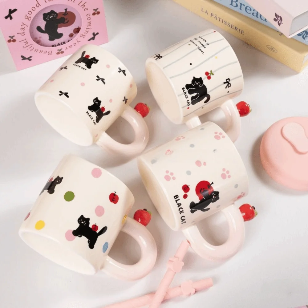 

Cute Cat Pattern Ceramic Coffee Mug with Straw Heat Resistant Cute Drinking Cup Comfortable Grip Handmade Cartoon Cat Drinkware