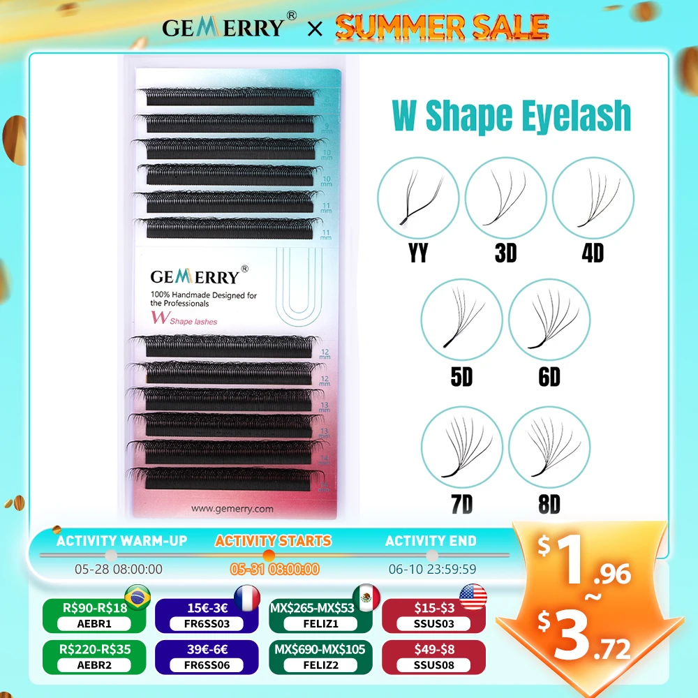 GEMERRY Extensions de cils en forme de W 3D/4D/5D/6D/7D/8D, éventails de volume préfabriqués, faux cils en vison doux naturel, noir mat, outils de maquillage