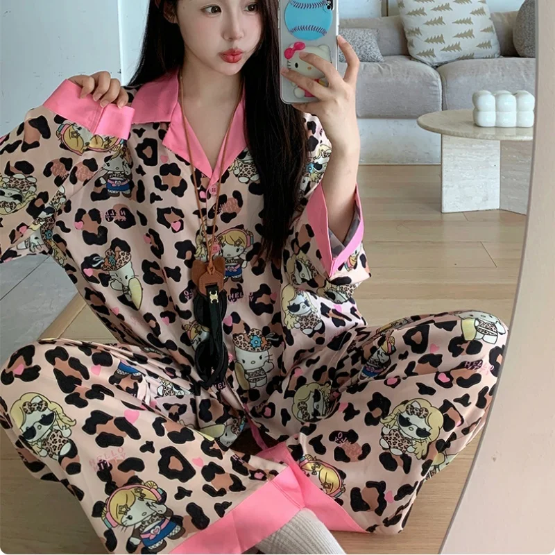 

Hello Kitty Summer Pajamas Sanrio Anime Household Clothes Sexy Leopard Ice Silk Long Sleeved Long Pants Women Pajamas Suit Gift