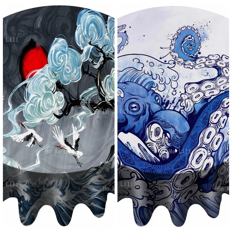 Общая Осьминог океан Инверторные краны облачное небо волны дождь красный солнце пейзаж японское искусство круглая скатерть от Ho Me Lili