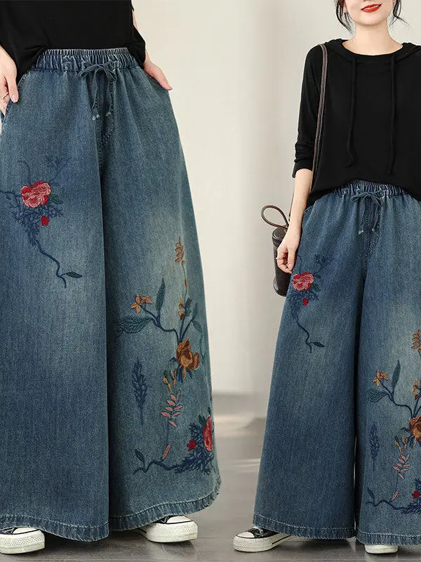 

Retro Fashion High Waist Wide Leg Jeans Women's plus Size Straight Cut Pants Heavy Embroidery Design Casual Winter Trousers