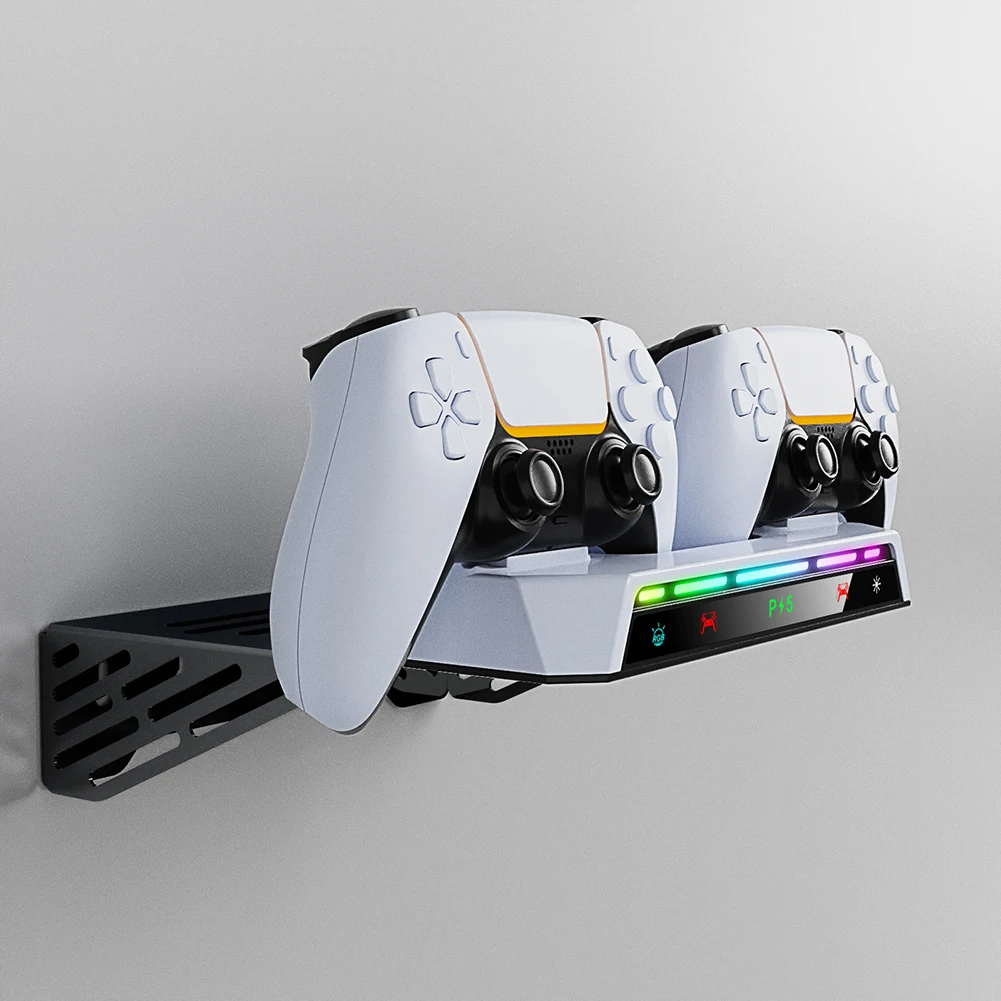 طقم تثبيت على الحائط مع محطة شحن وحدة تحكم مزدوجة وإضاءة RGB مع حامل سماعة الرأس للقرص النحيف PS5/PS5 ووحدة التحكم الرقمية #1