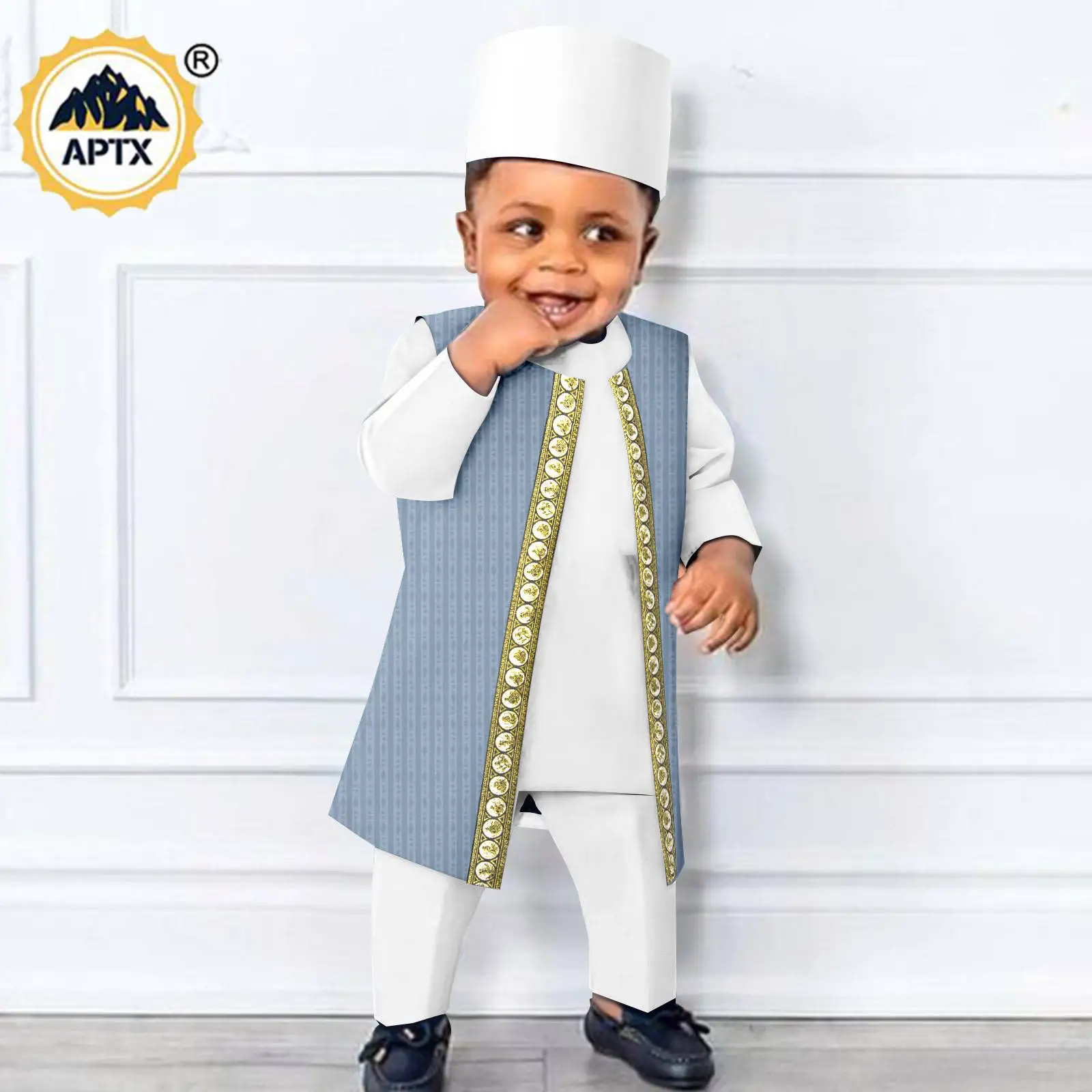 African Boy Child Outfit Bazin Riche Hat Vest Top Pant 4 Pieces Muslim Sets Dashiki Casual Agbada Traditional Clothing Y224032