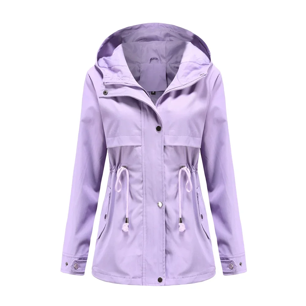 

Windbreaker Women's Medium Length Hooded Jacket Solid Colour Long Sleeved Waisted Outdoor Purple Trenchcoats for Girl